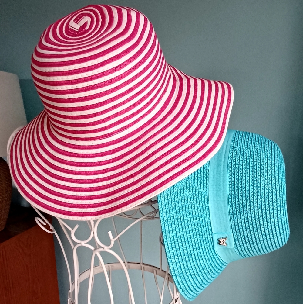 2 Straw Woven Sun Hats - 1 is aTurquoise Magid Brand and 1 is Fuchsia & White